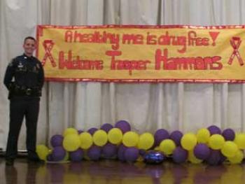 Trooper Hammons expressed his surprise upon first seeing the banner students made to welcome him to their school.
