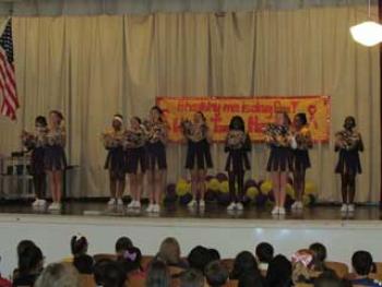 The school’s cheerleaders kicked off the program with a customized anti-drug-abuse cheer.