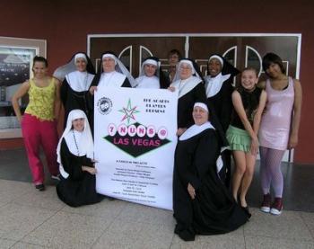 The cast of 7 Nuns at Las Vegas includes, kneeling from left, Laura Childress and Ricci Arnaud